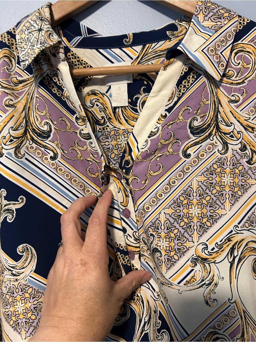 Chico's Baroque Print Long Sleeve Blouse in Mauve, Navy & Gold 4 - Picture 4 of 6
